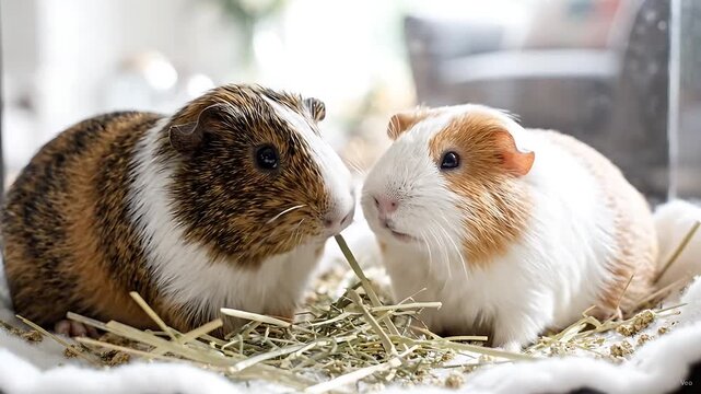Guinea Pigs Eating Hay in a Cozy Nest, Showing a Gentle Looping Animation of Adorable Pet Rodents. with Pets and Chewing