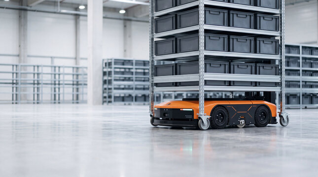 Autonomous mobile robot transporting shelved bins in modern warehouse automation and logistics facility