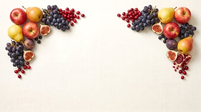 Border frame of autumn fruits, red apples, pears, dark grapes, figs and cranberries