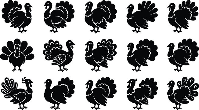 Collection of distressed black silhouette turkey illustrations arranged in a grid pattern on a white background