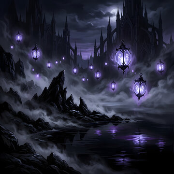Glowing purple lanterns floating over dark misty lake with gothic fantasy castle spires in moonlight