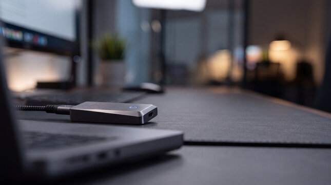 Portable external ssd on laptop desk in modern office workspace, technology and storage concept