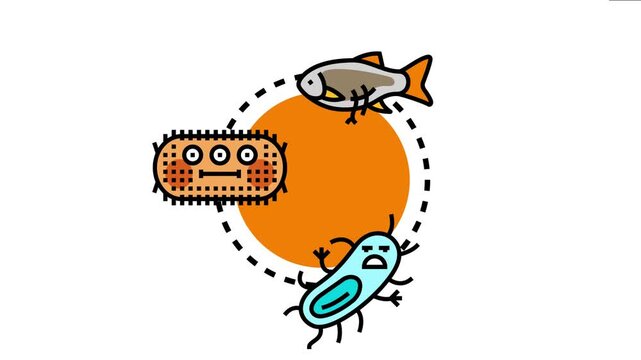 Microscopic organisms floating in water, including a fish, a bacillus bacteria, and an amoeba like microbe, a concept of tiny living beings