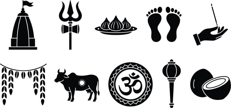 Hindu religion vector icon set featuring black silhouettes of temple spire, shiva trishul, om symbol, holy cow, modak sweet, and festival decorative toran