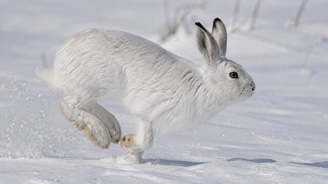 White snowshoe hare running across deep snow in a natural winter wildlife habitat