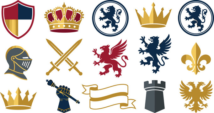 Medieval heraldic crest and royal coat of arms vector icon set featuring crowns shields lions griffin crossed swords and double headed eagle