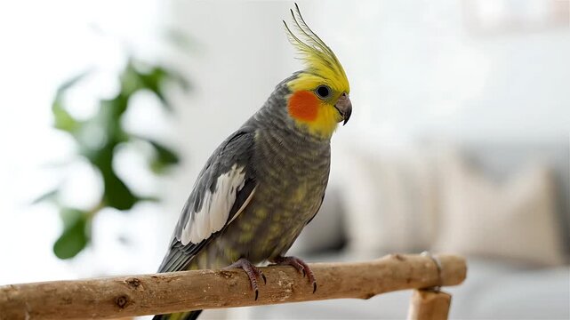 Cockatoo Parrot Moving on a Branch, Showcasing a Looping Animation with Subtle Head Turns and Feather Adjustments.