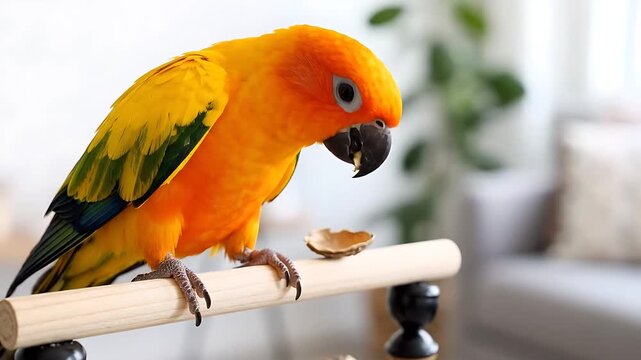 Sun Conure Parrot Perched on a Wooden Stand, Playfully Nibbling a Seed, Transitioning Through a Gentle, Looping Animation.