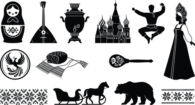  Russian culture and folklore traditional black silhouette vector icon set featuring matryoshka doll samovar balalaika kremlin horse sleigh and firebird