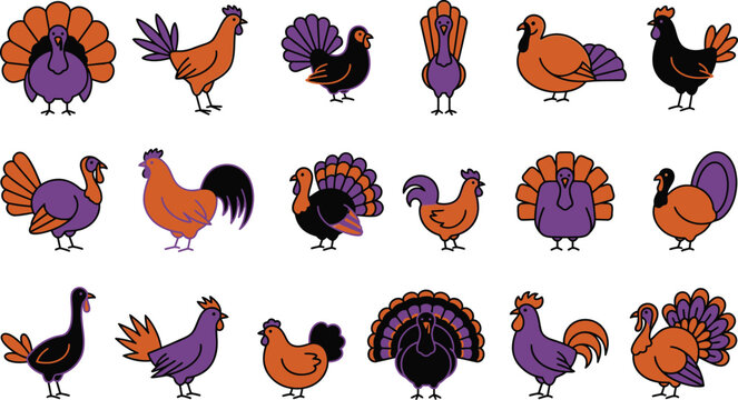 Collection of colorful cartoon turkeys in various poses against a clean white background for thanksgiving designs