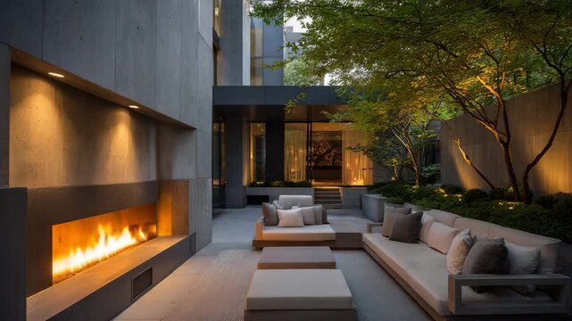 Modern outdoor patio with a built in fireplace glowing warmly minimalist seating neutral textures soft evening lighting clean architectural lines blurred background refined atmosphere