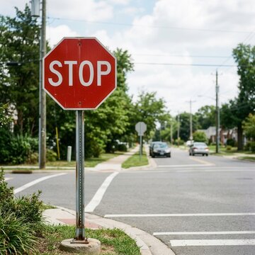 Red Stop Sign On A Sunny Day In A Suburban Intersection