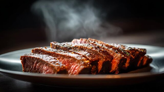 Sizzling beef flank steak sliced and arranged neatly on a modern plate visible steam glossy surface light blurred background professional food lighting sharp focus