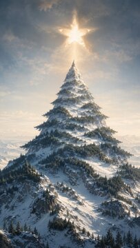 Surreal Christmas tree shaped mountain beneath a glowing star in a snowy winter landscape
