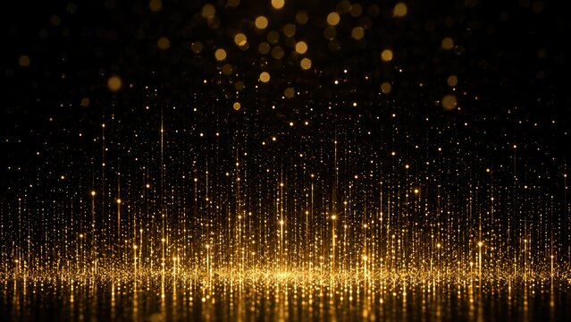 Abstract golden particle field with sparkling light and bokeh on a deep black background