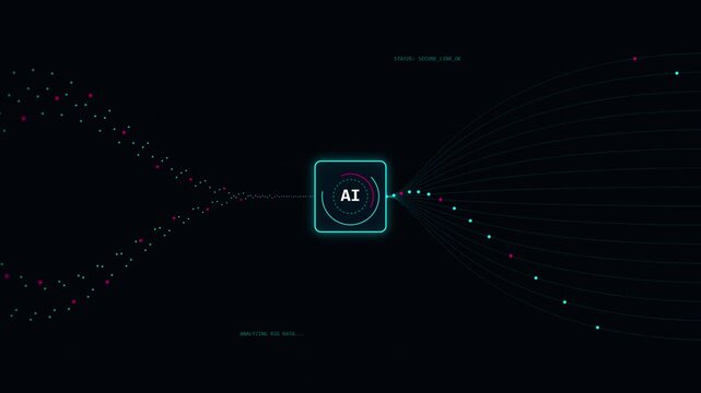 Artificial intelligence processor icon with digital data streams. Neural network visualization on dark background. AI chip processing information flow for machine learning concepts.