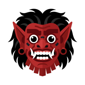 Traditional Red Balinese Demon Mask Illustration with Sharp Fangs and Bulging Eyes