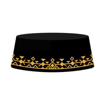 Elegant black songkok cap with gold geometric pattern for traditional Muslim formal wear
