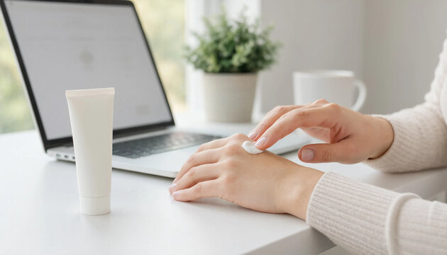 Woman applying hand cream from a tube while working on a laptop at her desk with moisturizing lotion skincare routine office desk skin care personal care daily care moisturizer tube