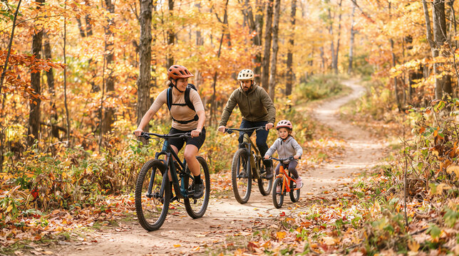 Family with woman, man and kid riding mountain bikes on forest trail in autumn. Colorful foliage and dirt path surround cyclists wearing helmets.