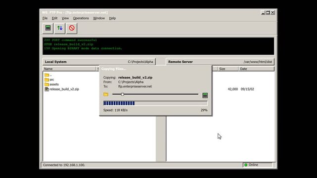 Digital dual pane FTP client file transfer interface animation