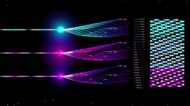 Futuristic data visualization interface with glowing fiber optic light trails. Digital information flow and high-tech analytics dashboard. Neon network connectivity and cyber security.