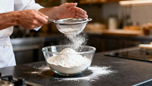 Baker hands sifting white flour with metal sieve