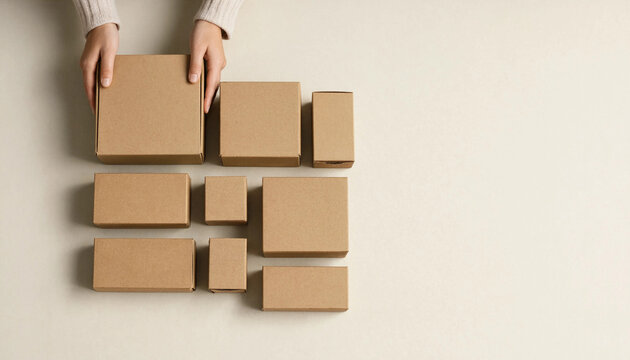 Top view of a person organizing different sizes of brown cardboard shipping boxes with cardboard box package delivery e commerce shipping online business parcel shipment box collection