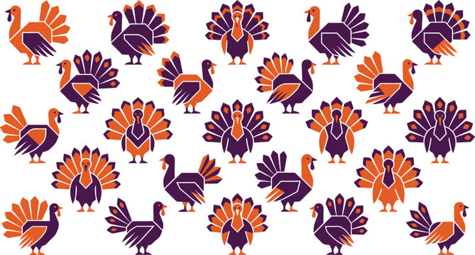 Colorful collection of cartoon turkeys in various poses and shades of orange purple and yellow