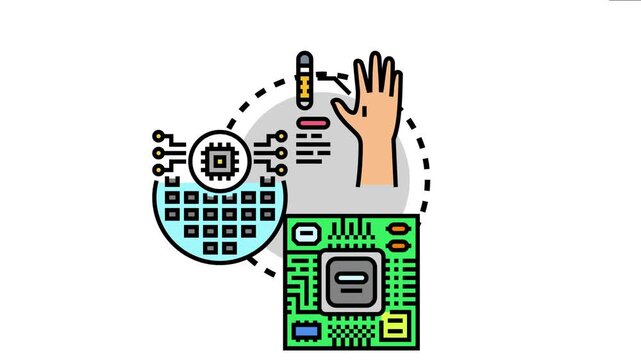 Microchip implant in hand connecting to external peripherals and circuit board, concepts of digital integration, biohacking, and advanced technology