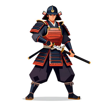 Stylized Japanese samurai warrior illustration wearing traditional red and black armor and holding a katana sword in a strong battle-ready pose, isolated on a clean white background. 