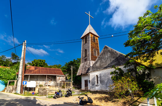 Traditional Church of Our Lady of the Assumption of Terre-de-Haut under a clear blue sky in Terre-de-Haut, Les Saintes, Guadeloupe.