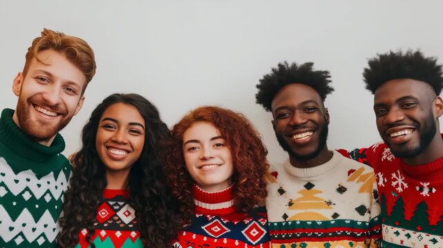 A group of five friends stand shoulder to shoulder, laughing and embracing. They're wearing festive sweaters in bright colors and patterns. The scene exudes warmth and happiness, holiday cheer.