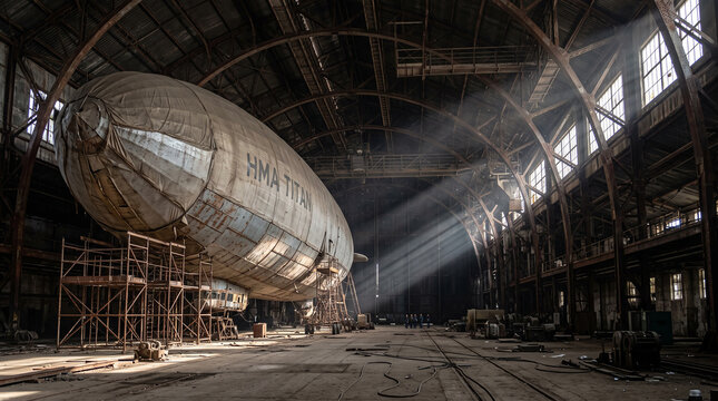 Vintage airship hma titan inside massive industrial hangar facility.