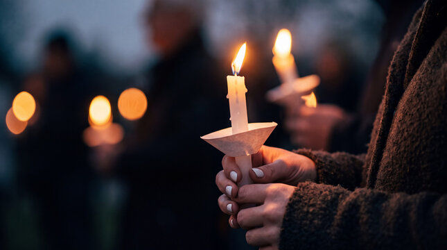 People holding lit candles during an evening vigil outdoors with candles flickering flames