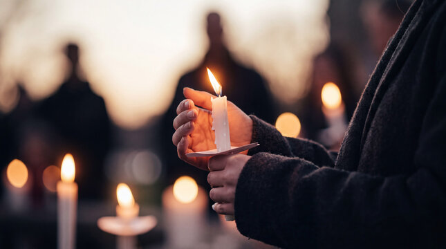 Person holding a lit candle during an outdoor evening memorial vigil