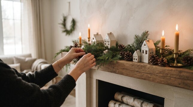 Hands arranging natural greenery and understated decorations across a fireplace mantel for a refined Christmas interior.