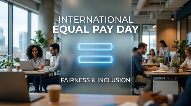 Colleagues working in office with glowing equal sign representing fairness