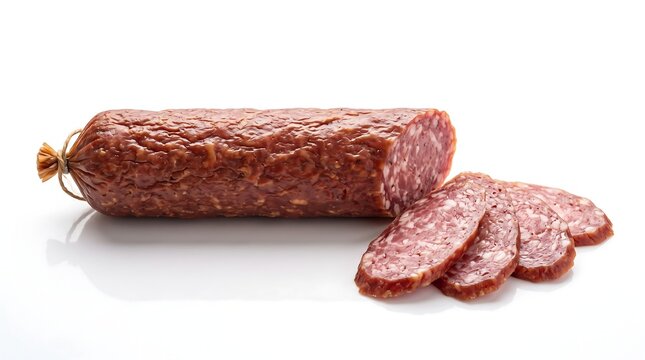 Delicious cured salami sausage with sliced pieces isolated on a white background for food and culinary concepts