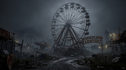 Abandoned wonderland carnival amusement park under dark moody sky. © NabinGraphix