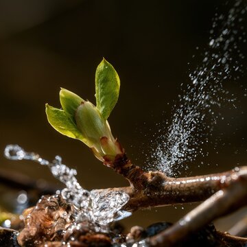 Spring bud unfurling with water droplets