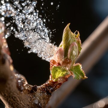 New plant bud receiving water droplets from above