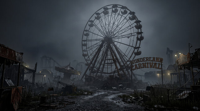 Abandoned wonderland carnival amusement park under dark moody sky.