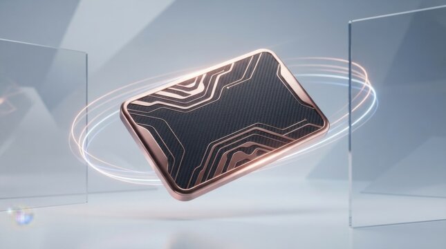 Modern electronic circuit board chip floating with glowing light rings