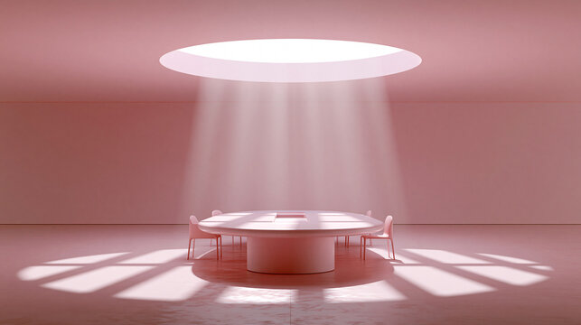 A minimalist pastel-pink room features a large round table beneath a circular skylight casting radiant beams downwards.