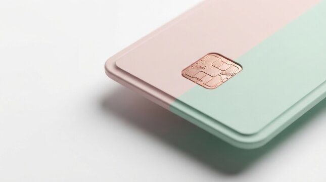 Modern pastel colored credit card with gold chip isolated on white background