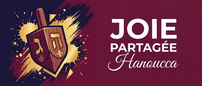 Hanukkah dreidel vector French banner with gold paint splash background celebrating Jewish holiday of light with typography text Joie Partagee Hanoucca for festive greeting card poster decoration