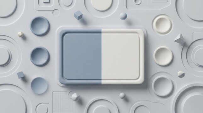 Abstract 3D frame with geometric shapes on a soft grey surface