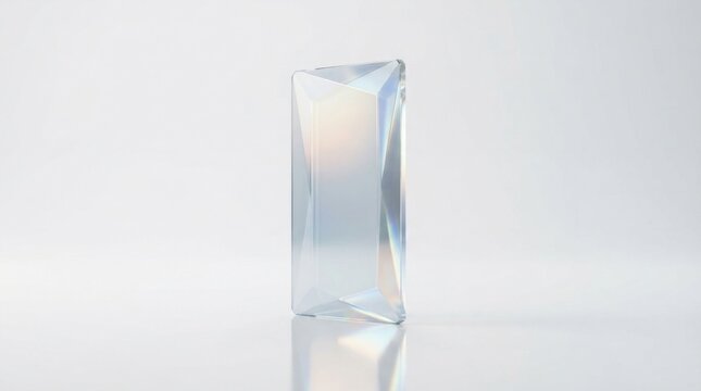 Clear rectangular crystal glass prism standing on a reflective surface