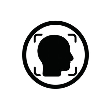Face recognition icon featuring a human head silhouette inside scanning brackets for digital security and user authentication interface design